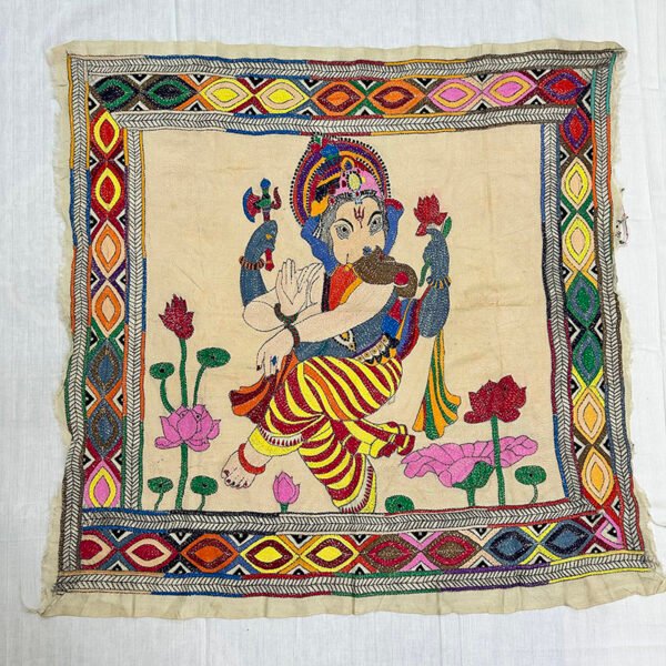 Premium Handmade Kantha Work Wall Hanging | Bal Ganesha art 100% Tussar silk Wall Hanging