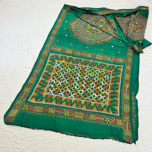 Premium Bishnupuri Silk Saree |  Alpona Design on Green Body | S18 - Image 4