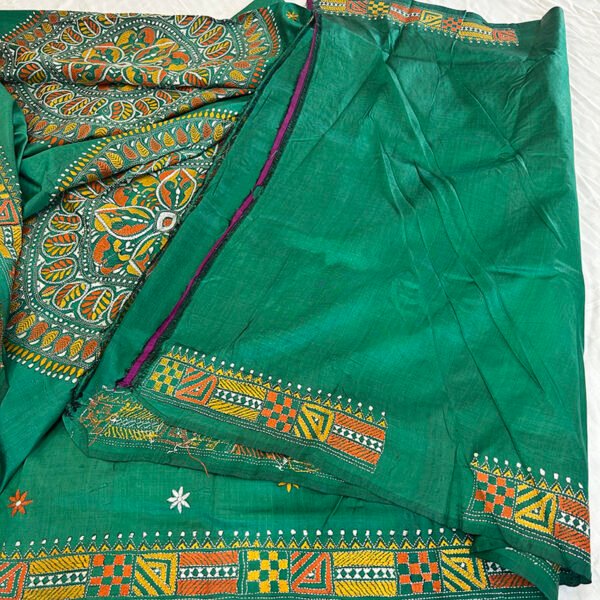 Premium Bishnupuri Silk Saree |  Alpona Design on Green Body | S18 - Image 3