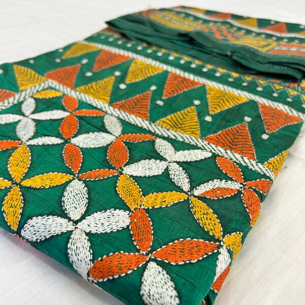 Premium Bishnupuri Silk Saree |  Alpona Design on Green Body | S18