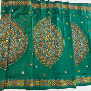 Premium Bishnupuri Silk Saree |  Alpona Design on Green Body | S18