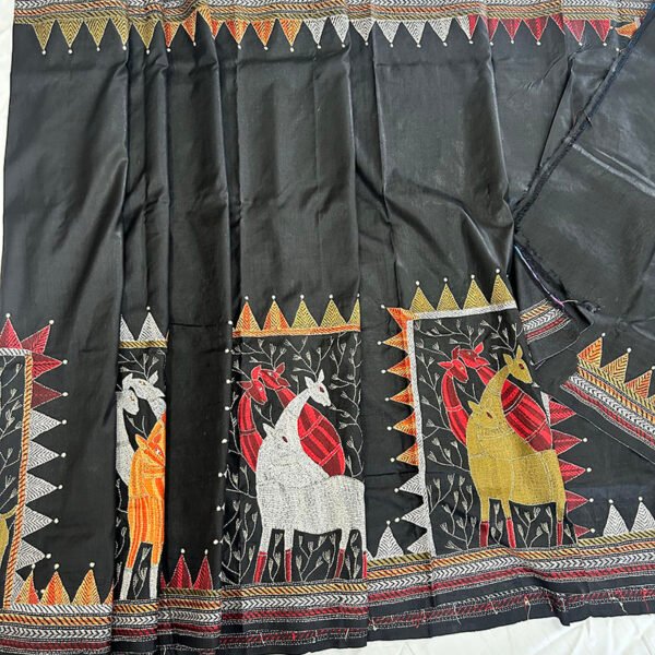 Premium Bishnupuri Silk Black Tribal Saree | S19 - Image 3