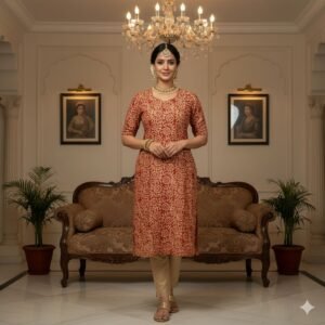Dark Orange and Beige Bhagalpur Tussar Kurti | K20